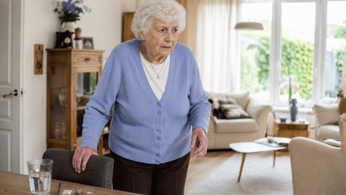 Oudere vrouw staat onzeker op in de woonkamer